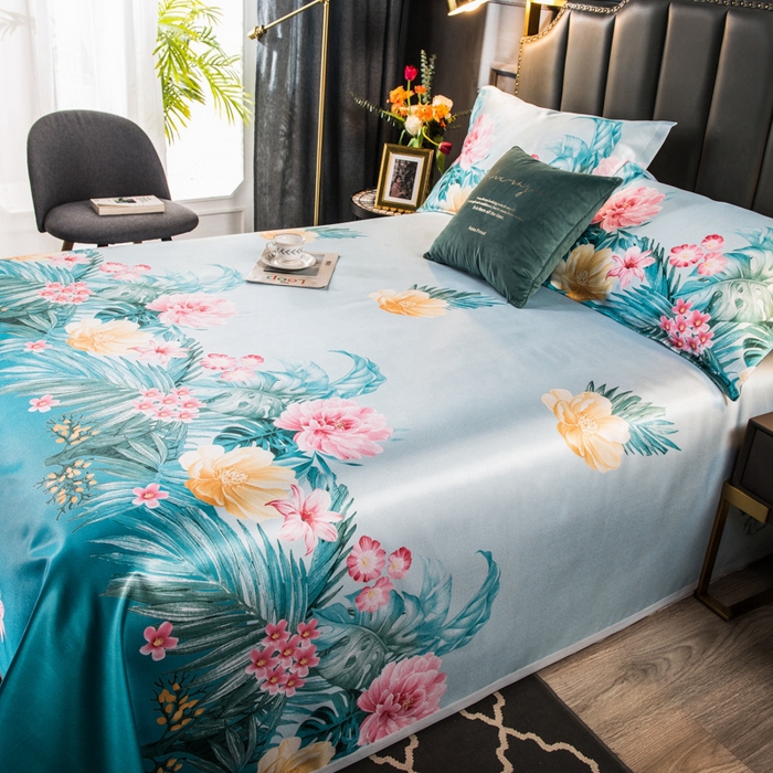 91家纺网 家纺一手货源 找家纺 许林 2025新款冰丝凉席床单款凉席三件套-春暖花开