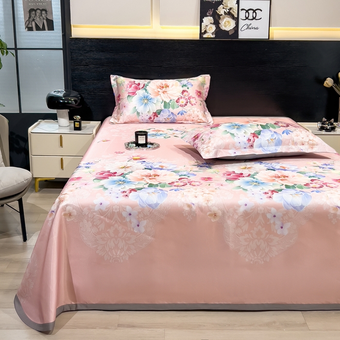 91家纺网 家纺一手货源 找家纺 许林 2025新款冰丝凉席床单款凉席三件套-海棠花