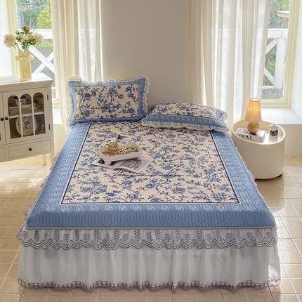 91家纺网 家纺一手货源 找家纺 麋兔 2025新款冰丝床裙乳胶凉席席子 花幽兰