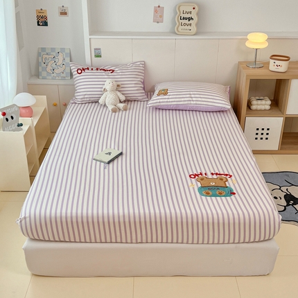 雅居纺家纺 2025春夏新款全棉纯棉毛巾绣系列单床笠 床笠单件 紫条小熊