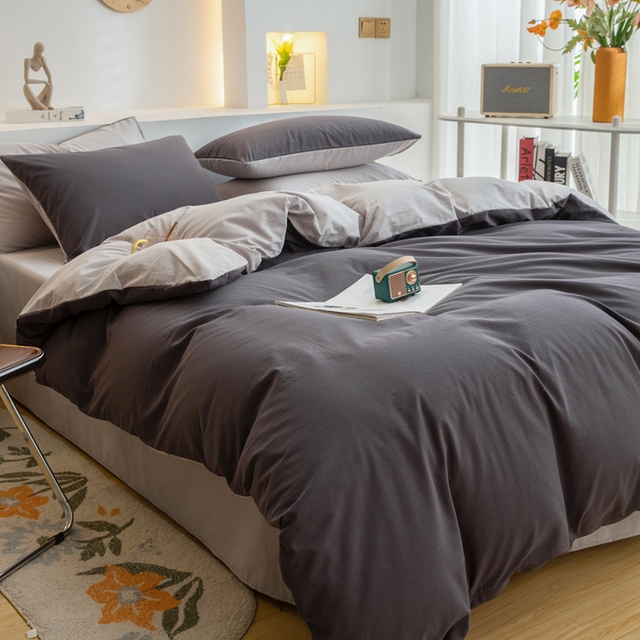 91家纺网 家纺一手货源 找家纺 2025新款全棉双拼水洗棉四件套 双拼-深灰浅灰