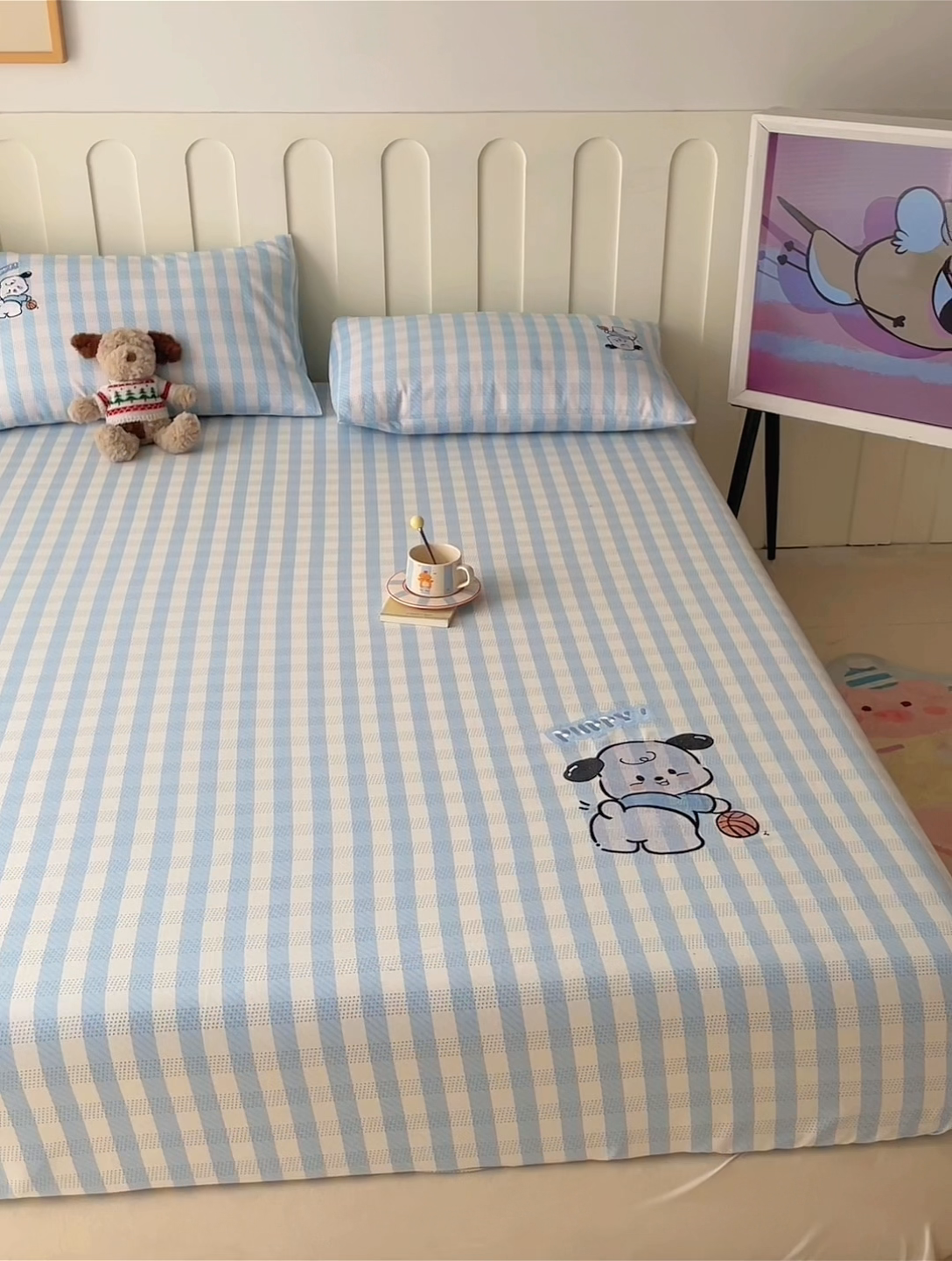 91家纺网 家纺一手货源 找家纺 雅居纺家纺 2025春夏新款全棉纯棉绣花A类老粗布单床笠床笠单件 篮球小狗