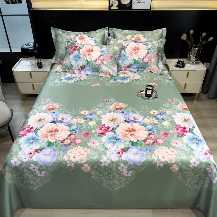 91家纺网 家纺一手货源 找家纺 许林 2025新款冰丝凉席床单款凉席三件套-繁花