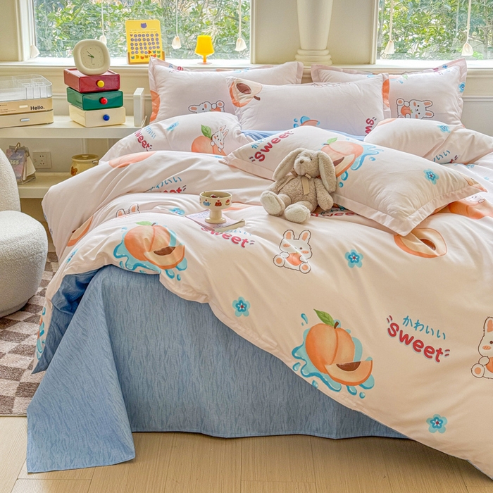 91家纺网 家纺一手货源 找家纺 佑佳家纺 2025年新款铂金棉芦荟棉学生三件套四件套 单被套 单枕套「支持定做各种尺寸」 兔兔桃桃