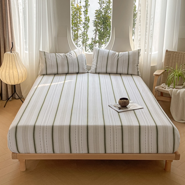 91家纺网 家纺一手货源 找家纺 雅居纺家纺 2025春夏新款全棉纯棉简约老粗布-单床笠 床笠单件凉席席 自由-绿