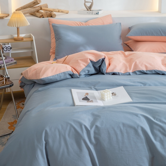 91家纺网 家纺一手货源 找家纺 2025新款全棉双拼水洗棉四件套 双拼-浅蓝粉