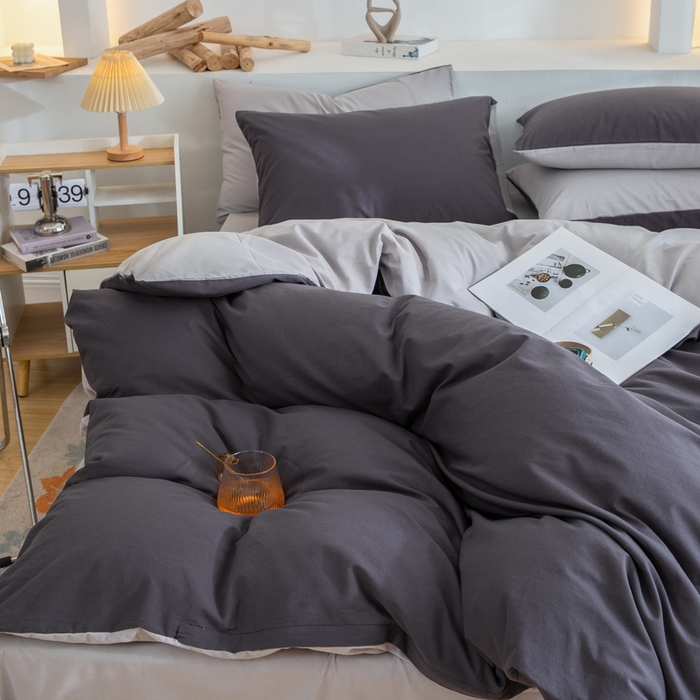 91家纺网 家纺一手货源 找家纺 2025新款全棉双拼水洗棉四件套 双拼-深灰浅灰