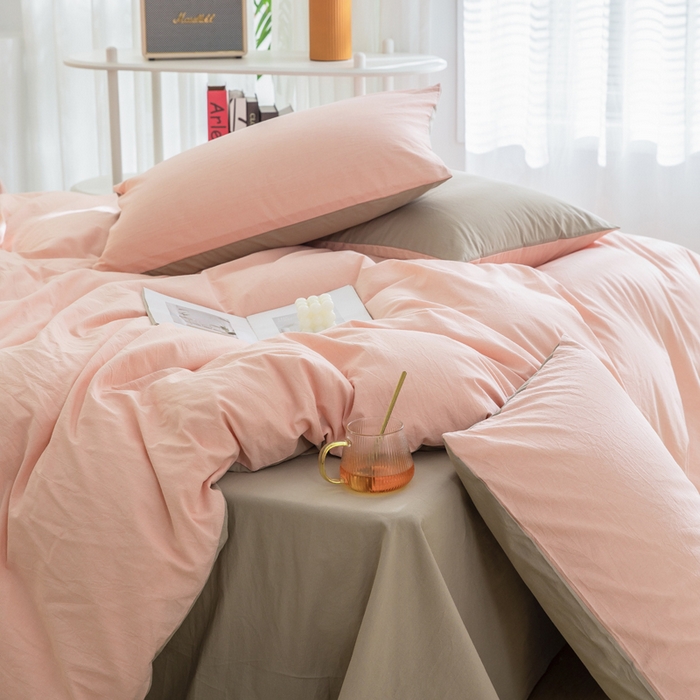 91家纺网 家纺一手货源 找家纺 2025新款全棉双拼水洗棉四件套 双拼-粉卡其