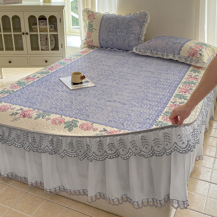 91家纺网 家纺一手货源 找家纺 麋兔 2025新款冰丝床裙乳胶凉席席子 紫蔓