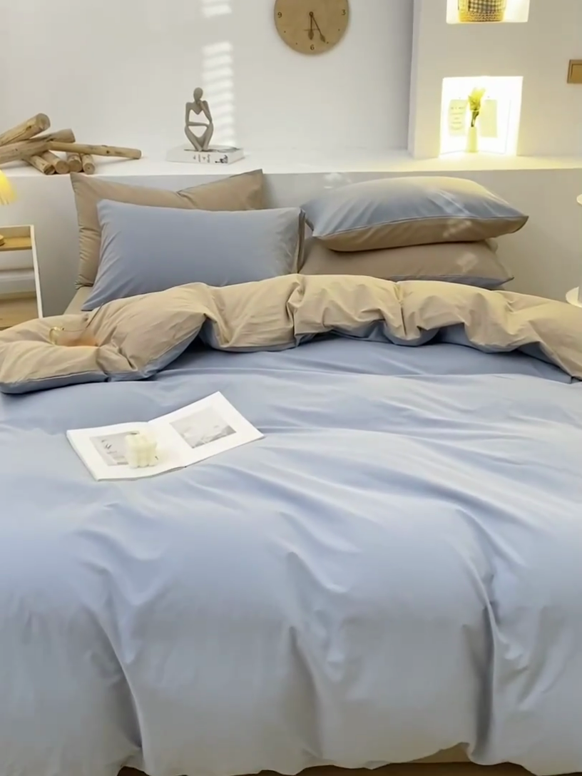 91家纺网 家纺一手货源 找家纺 2025新款全棉双拼水洗棉四件套 双拼-浅蓝卡其