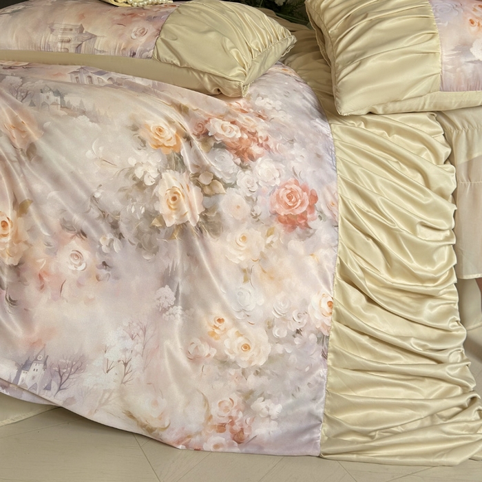 91家纺网 家纺一手货源 找家纺 艾米家居 2025新款A类天丝棉冰丝法式花边褶皱款四件套 秘密花园皱褶款