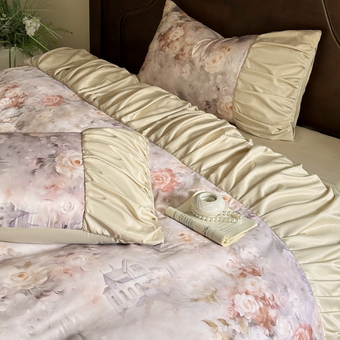 91家纺网 家纺一手货源 找家纺 艾米家居 2025新款A类天丝棉冰丝法式花边褶皱款四件套 秘密花园皱褶款