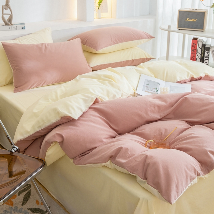 91家纺网 家纺一手货源 找家纺 2025新款全棉双拼水洗棉四件套 双拼-豆沙奶黄