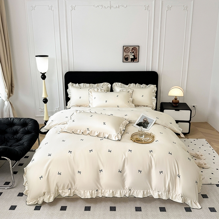 91家纺网 家纺一手货源 找家纺 （总）老K (原美阁） 2025新款夏季轻奢水洗真丝四件套 花边高级感韩版冰丝四件套