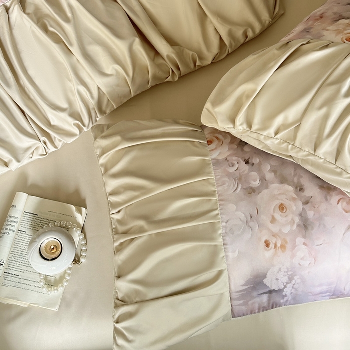 91家纺网 家纺一手货源 找家纺 艾米家居 2025新款A类天丝棉冰丝法式花边褶皱款四件套 秘密花园皱褶款