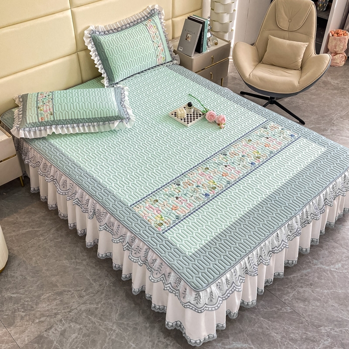 91家纺网 家纺一手货源 找家纺 麋兔 2025新款冰丝床裙乳胶凉席席子 雨花