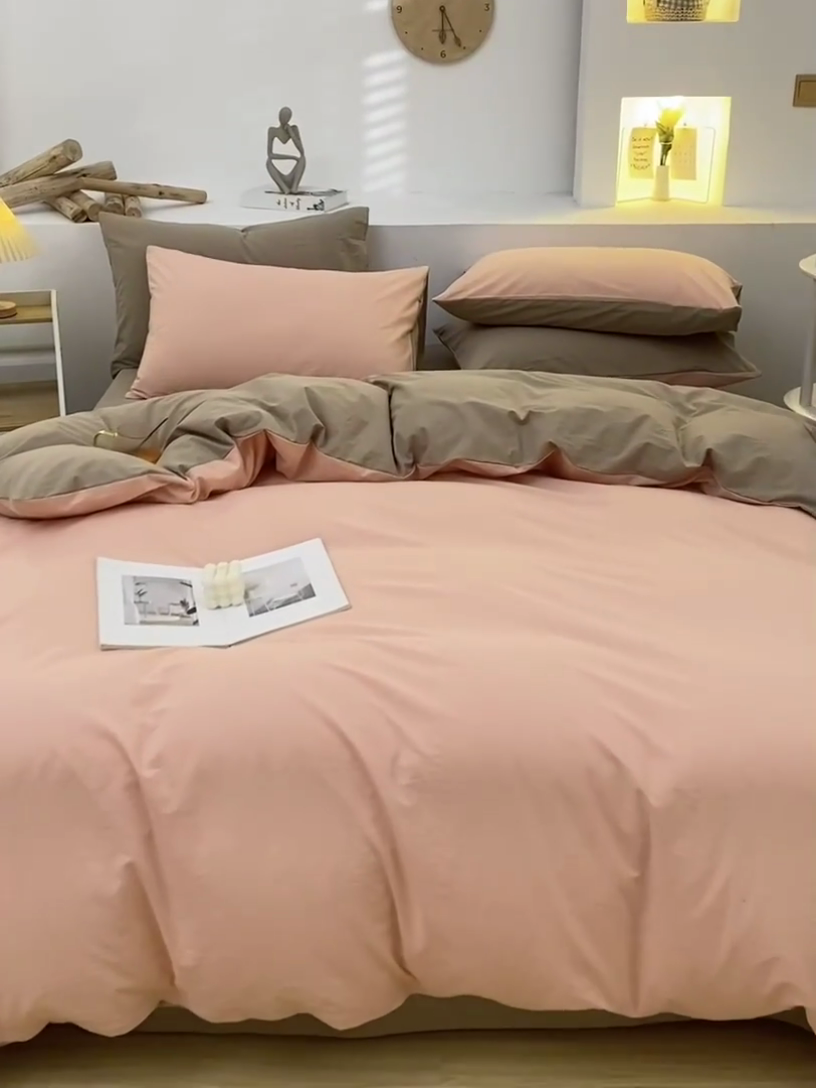 91家纺网 家纺一手货源 找家纺 2025新款全棉双拼水洗棉四件套 双拼-粉卡其