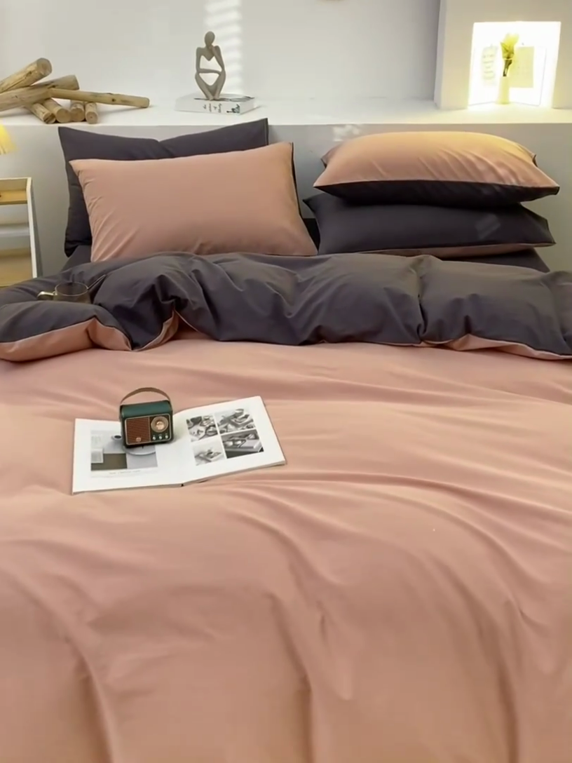 91家纺网 家纺一手货源 找家纺 2025新款全棉双拼水洗棉四件套 双拼-豆沙深灰