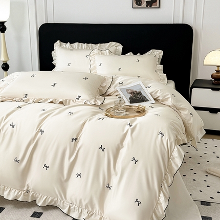 91家纺网 家纺一手货源 找家纺 （总）老K (原美阁） 2025新款夏季轻奢水洗真丝四件套 花边高级感韩版冰丝四件套