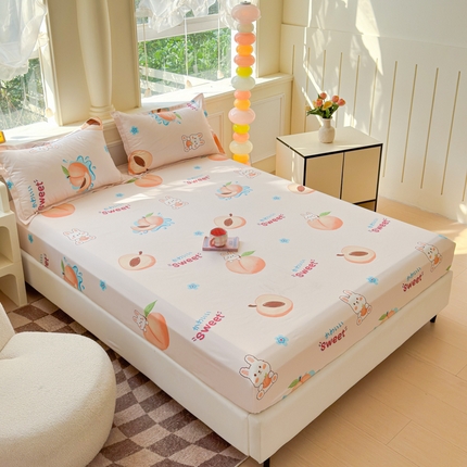 佑佳家纺 2025年新款铂金棉芦荟棉单床笠，有配套枕套「支持定制各种尺寸」 兔兔桃桃