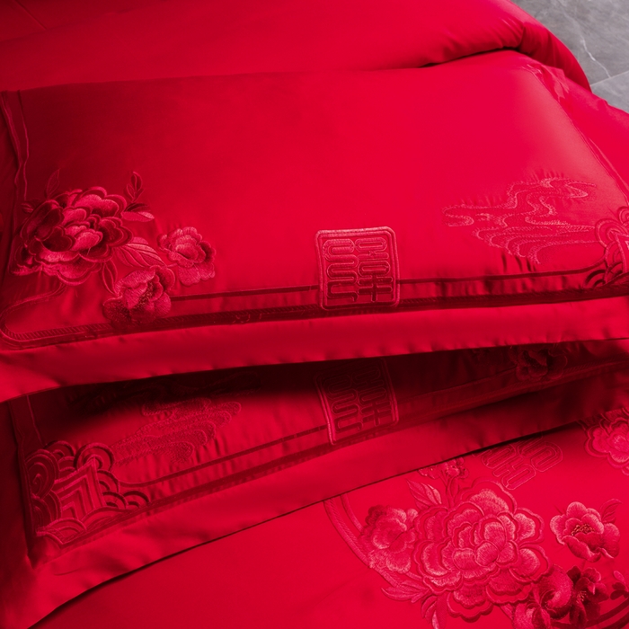 91家纺网 家纺一手货源 找家纺 慕她家纺 2025新款慕她婚庆四件套全棉纯棉结婚刺绣花多件套六八十床品 美丽红妆