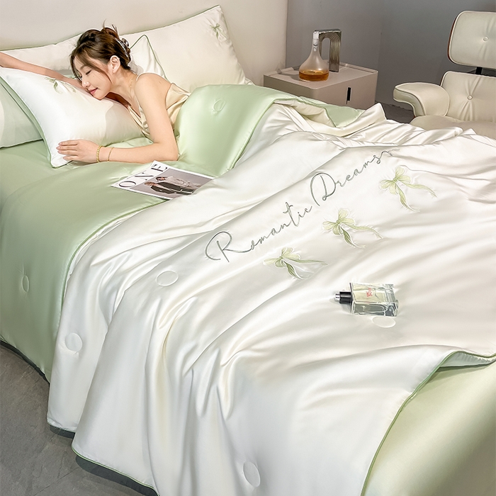 91家纺网 家纺一手货源 找家纺 如一 2025新款水洗冰丝麻绳夏被四件套-初夏 初夏-奶白绿