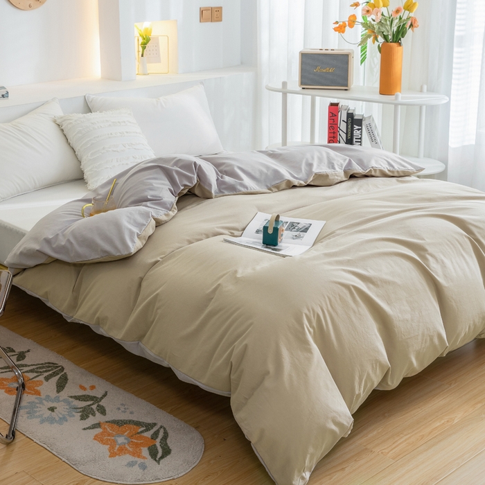 91家纺网 家纺一手货源 找家纺 2025新款全棉双拼水洗棉四件套 双拼-卡其浅灰