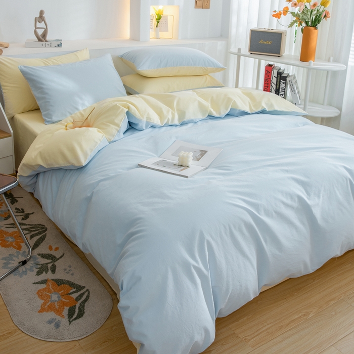 91家纺网 家纺一手货源 找家纺 2025新款全棉双拼水洗棉四件套 双拼-天蓝奶黄