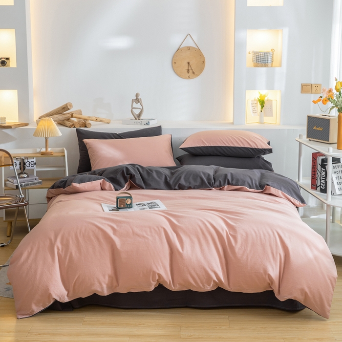 91家纺网 家纺一手货源 找家纺 2025新款全棉双拼水洗棉四件套 双拼-豆沙深灰