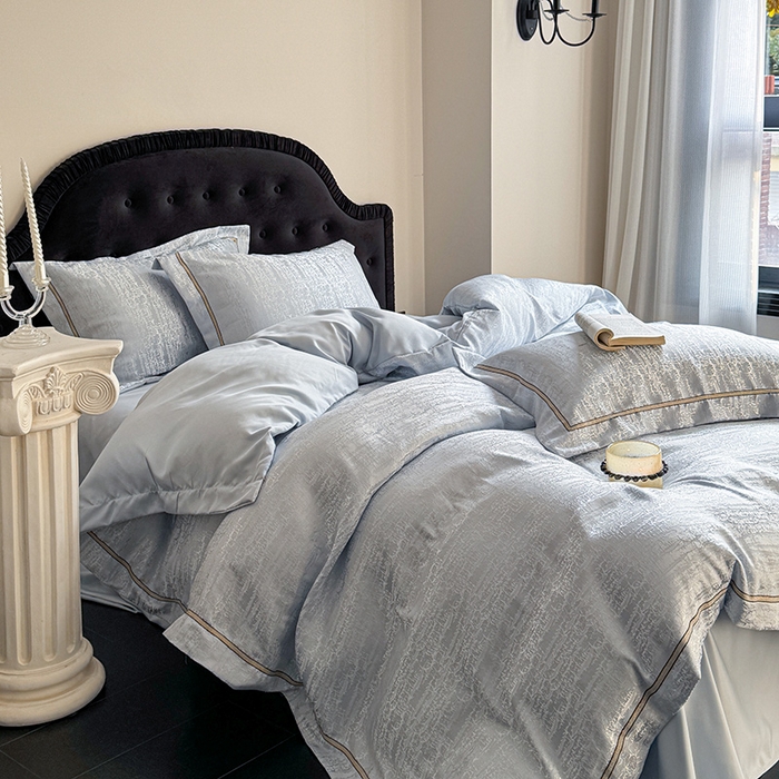 91家纺网 家纺一手货源 找家纺 优悦生活馆 2025新款冰丝亮丝提花四件套-白月光 水波蓝