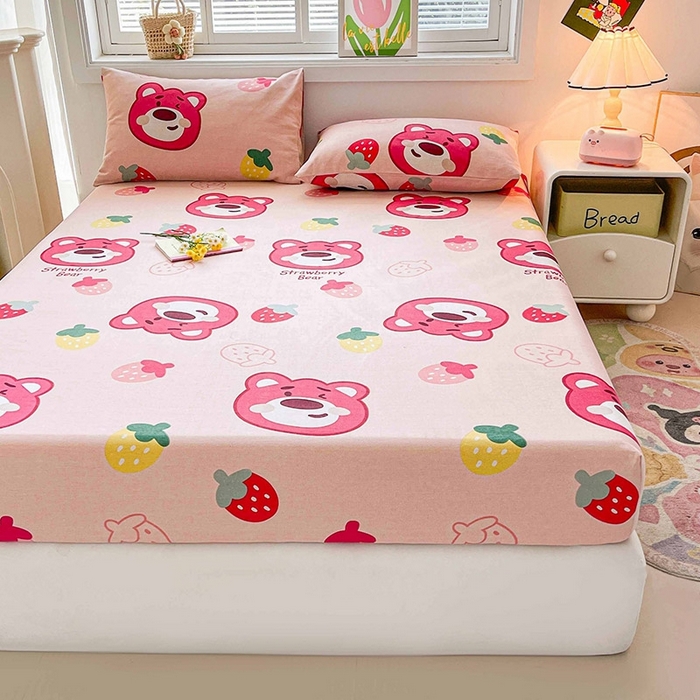 91家纺网 家纺一手货源 找家纺 晓时候2025新款老粗布床笠凉席 草莓熊