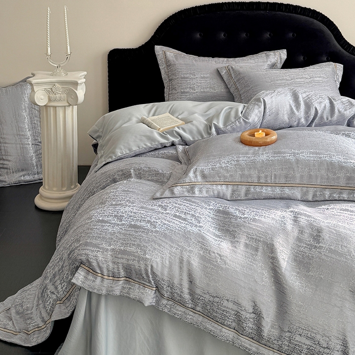 91家纺网 家纺一手货源 找家纺 优悦生活馆 2025新款冰丝亮丝提花四件套-白月光 星辰灰