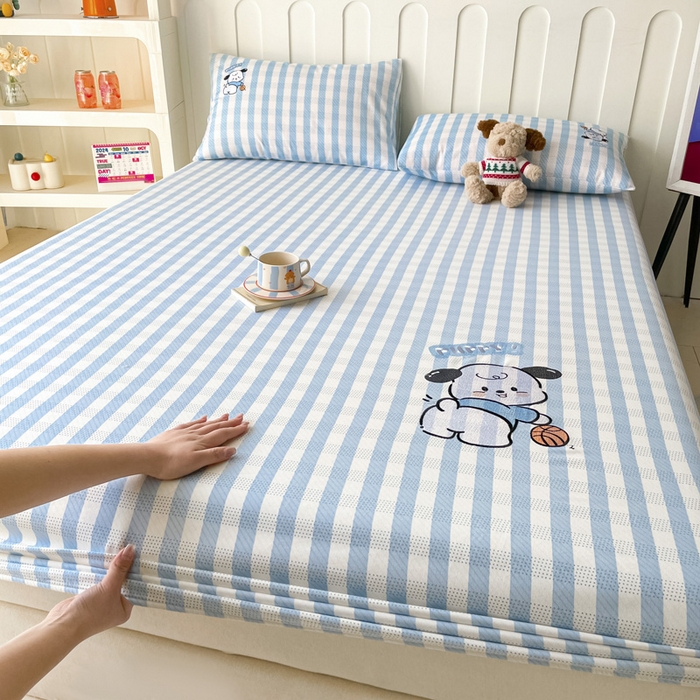 91家纺网 家纺一手货源 找家纺 雅居纺家纺 2025春夏新款全棉纯棉绣花A类老粗布单床笠床笠单件 篮球小狗