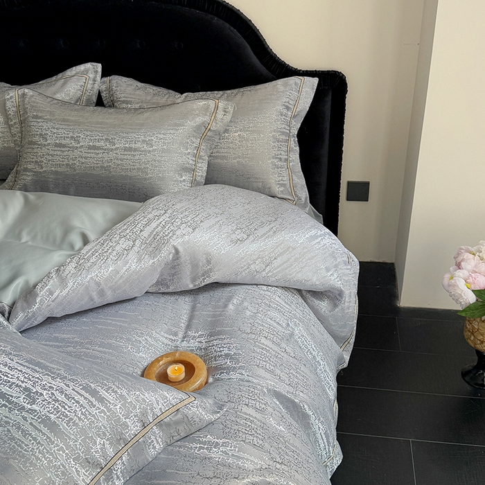 91家纺网 家纺一手货源 找家纺 优悦生活馆 2025新款冰丝亮丝提花四件套-白月光 星辰灰