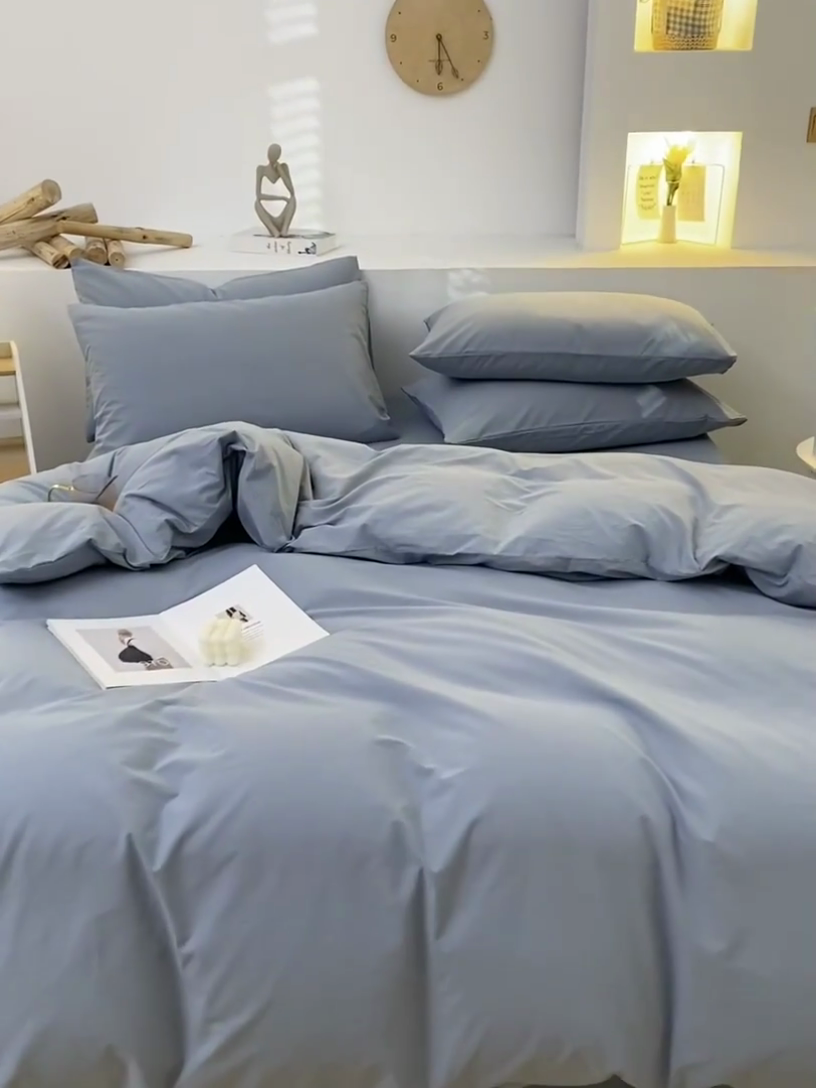 91家纺网 家纺一手货源 找家纺 2025新款全棉双拼水洗棉四件套 双拼-浅蓝