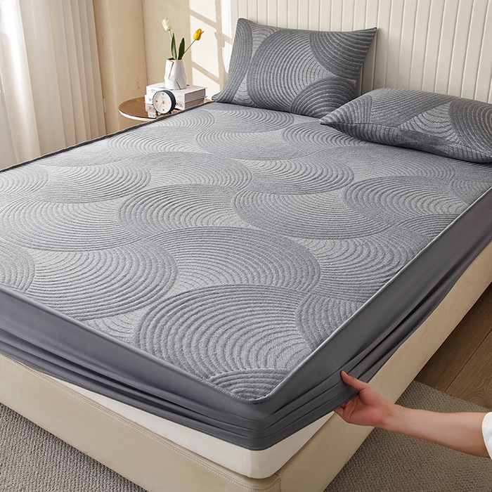 91家纺网 家纺一手货源 找家纺 梦镜家纺 2025新款A类防尘亲肤针织床笠 波纹圆-深灰