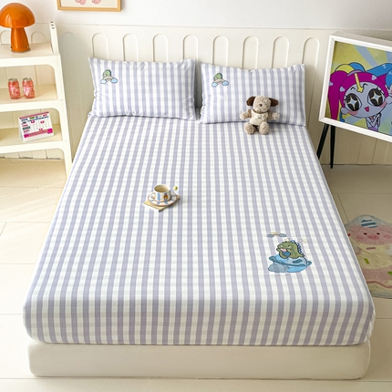 雅居纺家纺 2025春夏新款全棉纯棉绣花A类老粗布单床笠床笠单件 星球恐龙