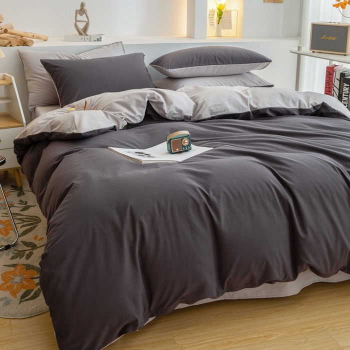 91家纺网 家纺一手货源 找家纺 2025新款全棉双拼水洗棉四件套 双拼-深灰浅灰