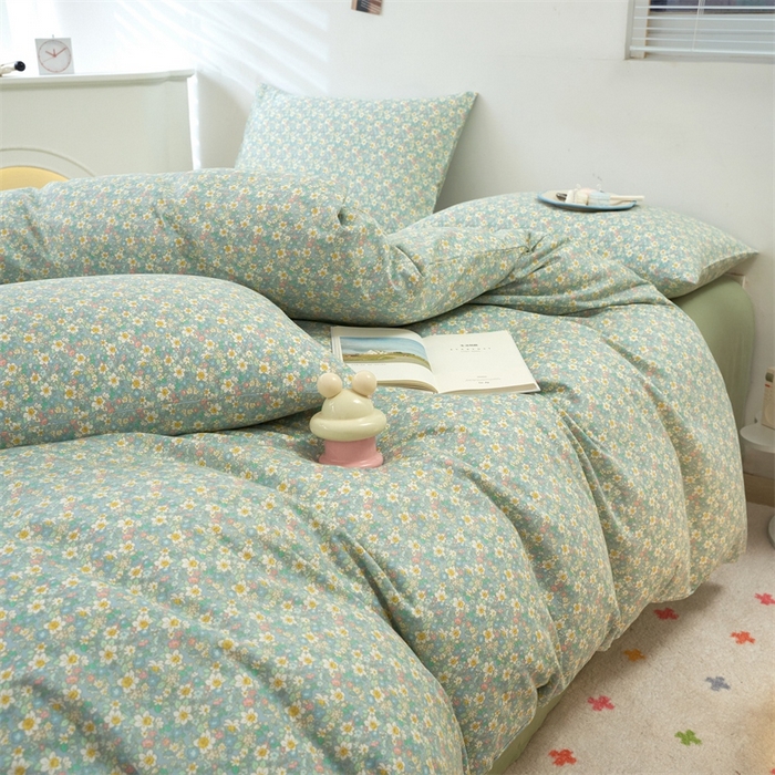 91家纺网 家纺一手货源 找家纺 花西夫人2025新款13372纯棉印花全棉四件套床单床笠款花吟绿