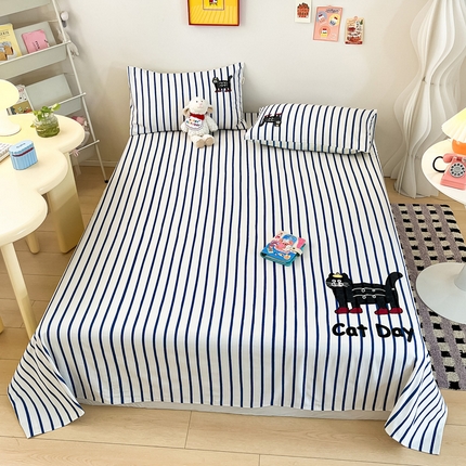 91家纺网 家纺一手货源 找家纺 雅居纺家纺 2025春夏新款全棉纯棉绣花A类老粗布单床单床单单件 老粗布-小猫咪