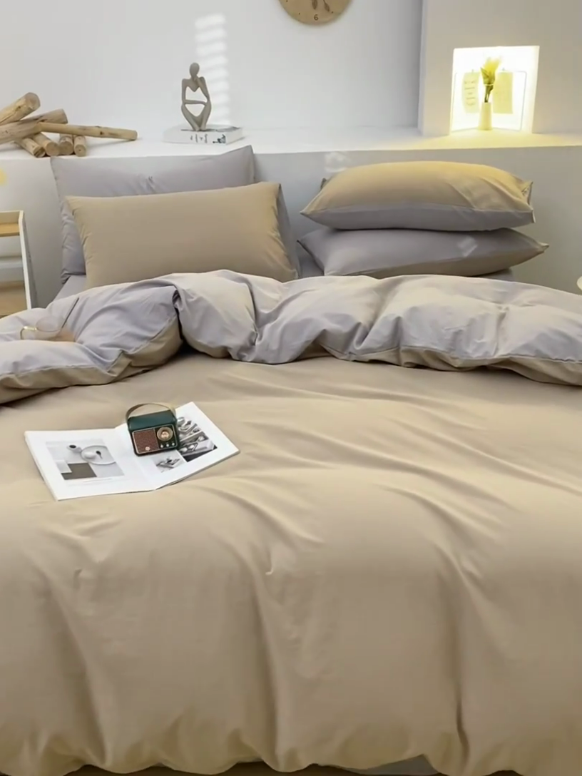 91家纺网 家纺一手货源 找家纺 2025新款全棉双拼水洗棉四件套 双拼-卡其浅灰