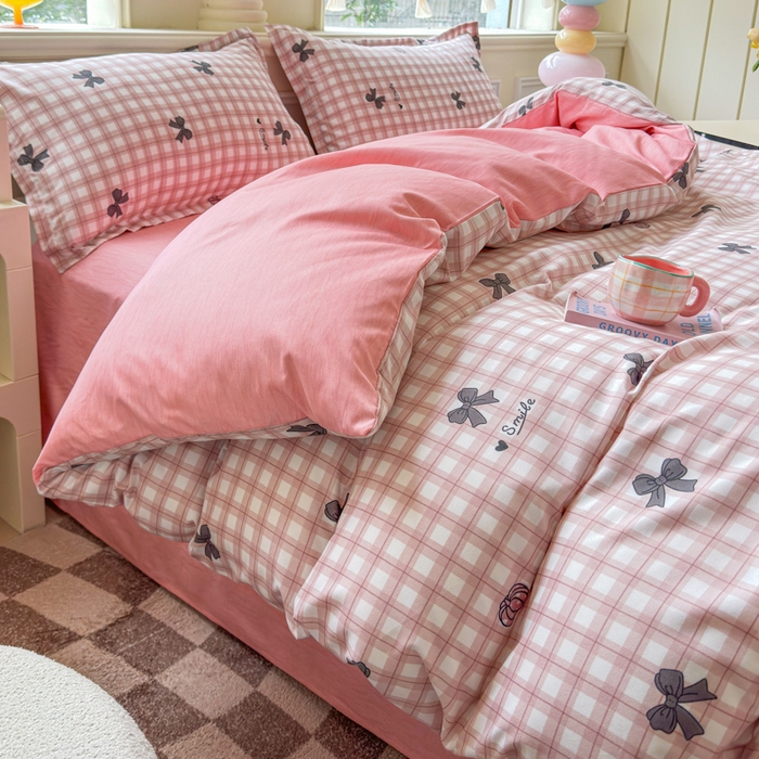 91家纺网 家纺一手货源 找家纺 佑佳家纺 2025年新款铂金棉芦荟棉学生三件套四件套 单被套 单枕套「支持定做各种尺寸」 蝴蝶结-粉