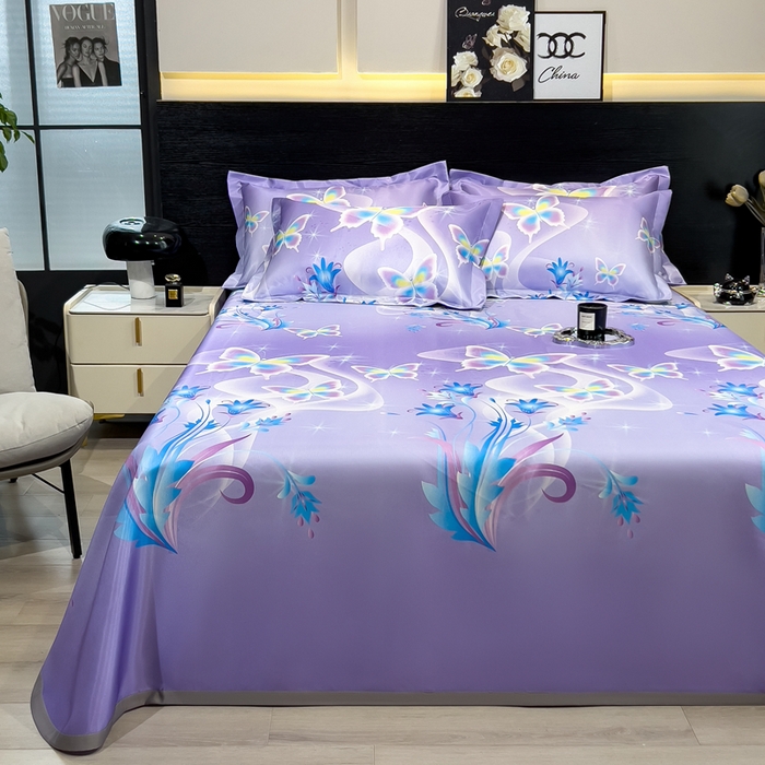 91家纺网 家纺一手货源 找家纺 许林家纺  2025新款冰丝凉席床单款凉席三件套 紫色蝶海