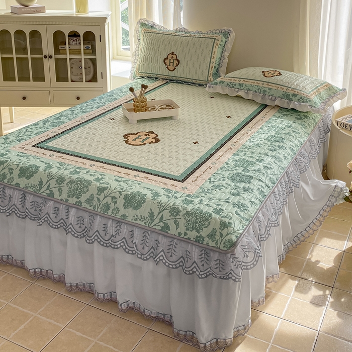 91家纺网 家纺一手货源 找家纺 麋兔 2025新款冰丝床裙乳胶凉席席子 青颜