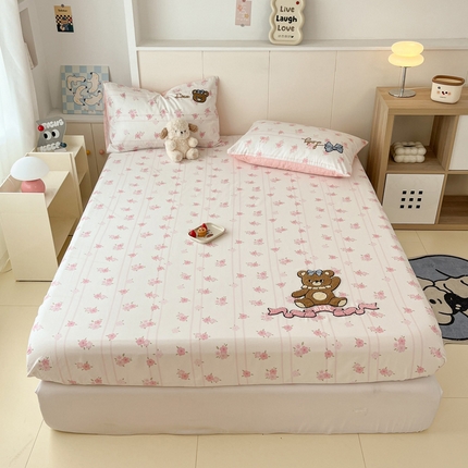 雅居纺家纺 2025春夏新款全棉纯棉毛巾绣系列单床笠 床笠单件 蝴蝶结小熊