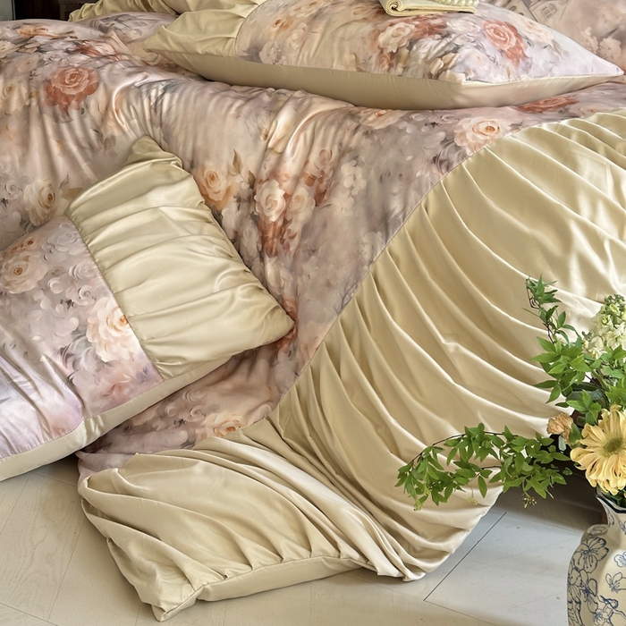 91家纺网 家纺一手货源 找家纺 艾米家居 2025新款A类天丝棉冰丝法式花边褶皱款四件套 秘密花园皱褶款