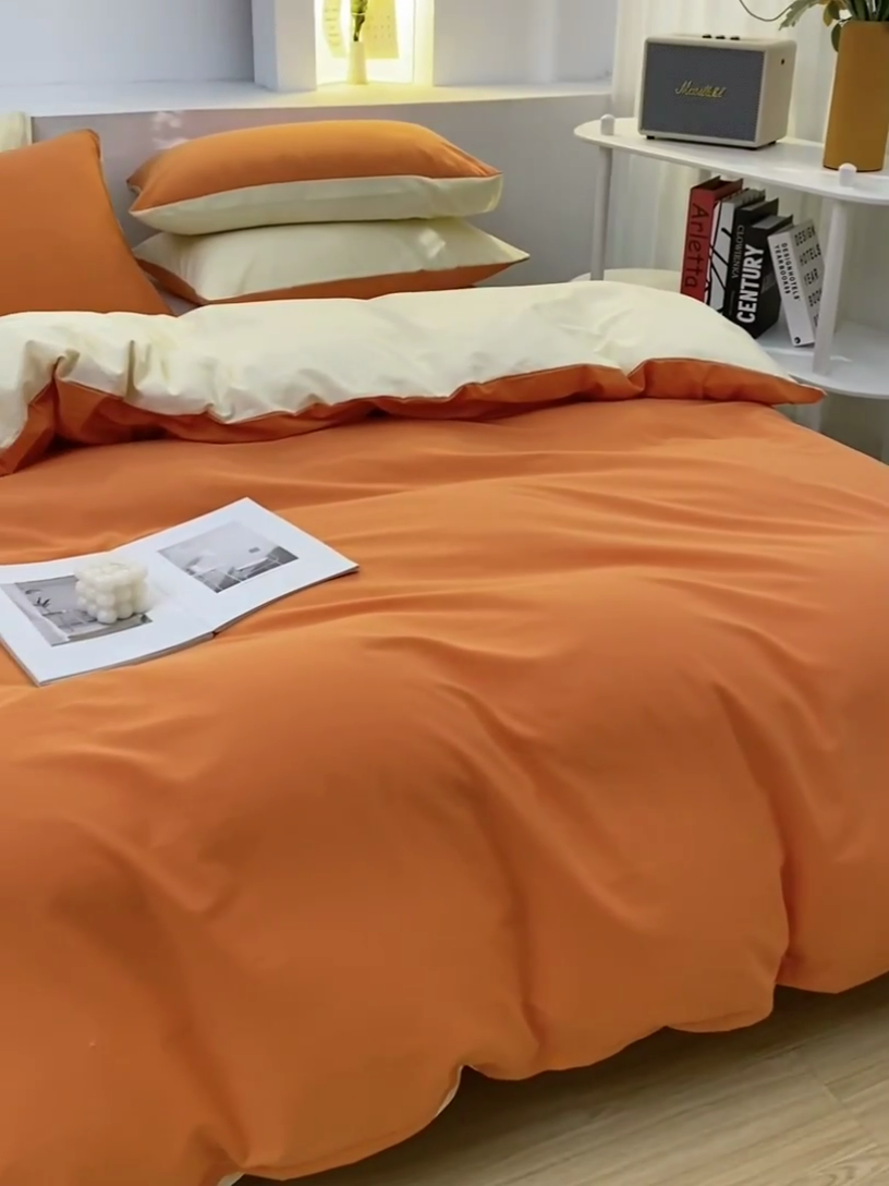 91家纺网 家纺一手货源 找家纺 2025新款全棉双拼水洗棉四件套 双拼-桔浅米
