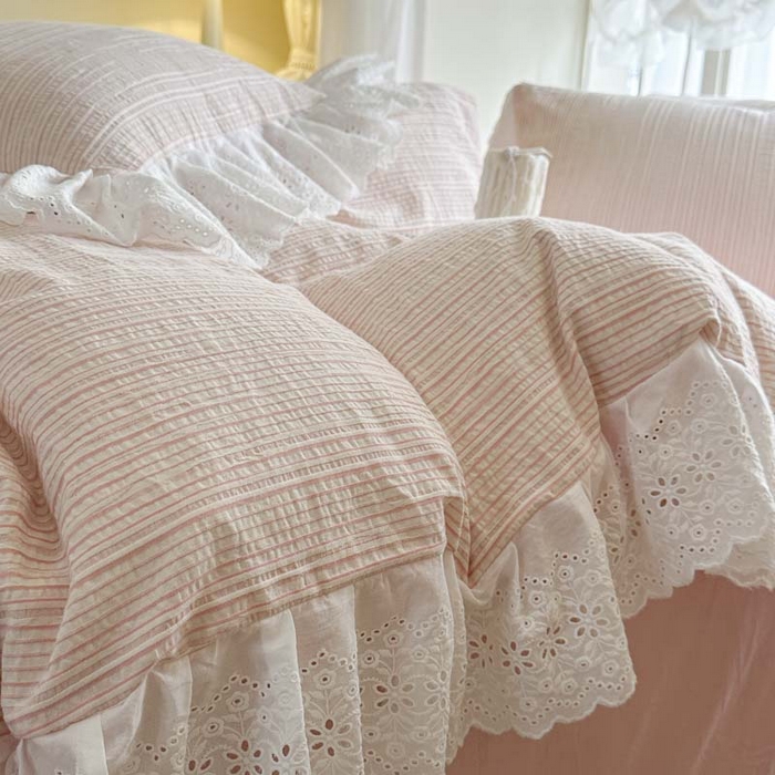 91家纺网 家纺一手货源 找家纺 亲亲公主 2025新款全棉水洗棉色织提花四件套-糖果日记 糖果-粉