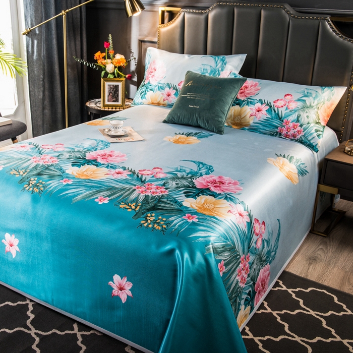 91家纺网 家纺一手货源 找家纺 许林 2025新款冰丝凉席床单款凉席三件套-春暖花开