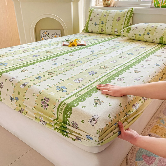 91家纺网 家纺一手货源 找家纺 晓时候2025新款老粗布床笠凉席 田园小兔